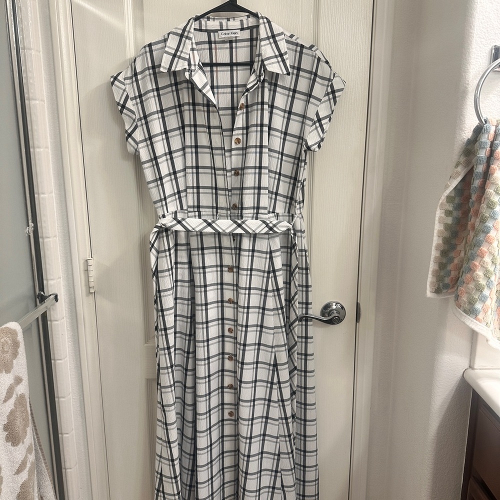 Calvin Klein Black and White Plaid Midi Dress
